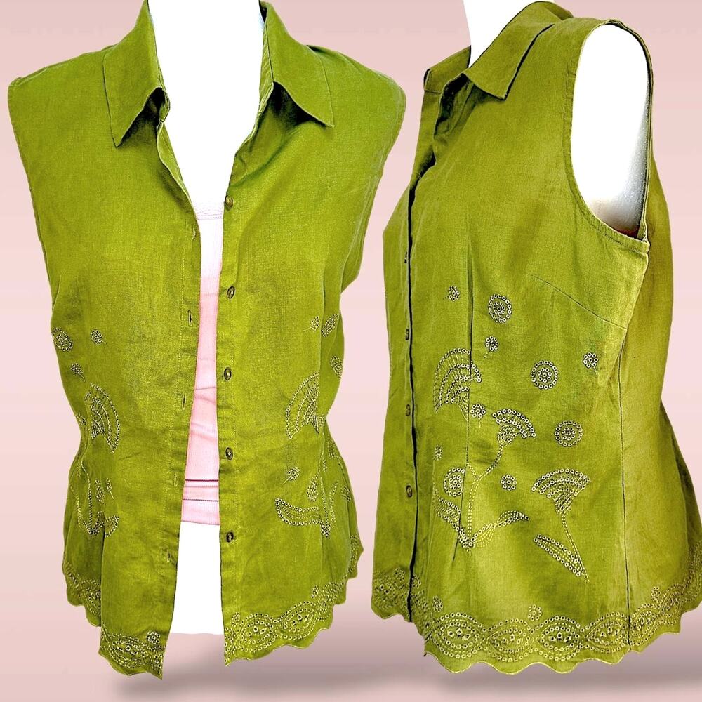 Y2K ICE Linen Embroidered Vest Scalloped Hem Floral Cutwork Button Up Green ✧M/L